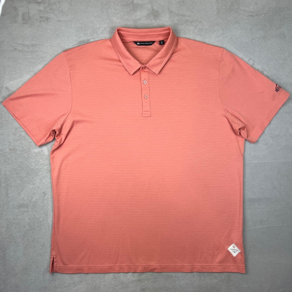TravisMathew Mens XXL ReflectionBay Golf Polo Shirt Coral Pink Striped Short Slv